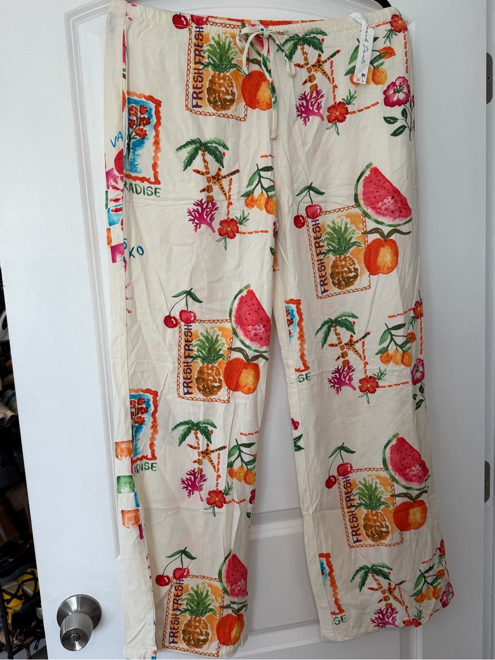 Tropical Fruit Linen Pants - Cream, Orange, Green